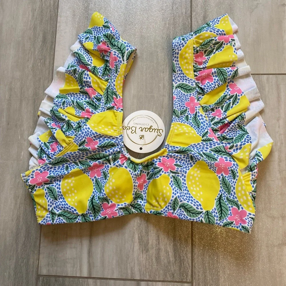 NWT Sugar Bee Colorful Lemon Floral Print Flutter 2-Piece Bikini, women’s S